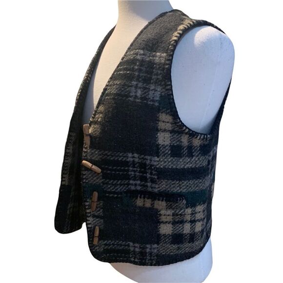 Vintage ATLAST & Co Black & Gray Wool Plaid Vest Size Large - Picture 2 of 5